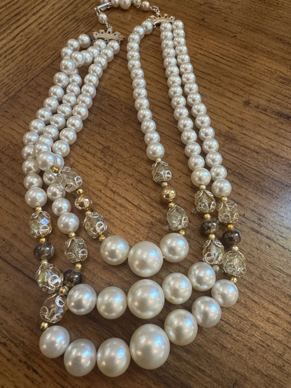 Elegant Multi-Strand Pearl and Crystal Necklace - Cream & Gold | Made In Japan